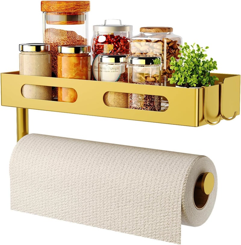 EffiJoy Paper Towel Holder Wall Mount for Kitchen, Paper Towel Holder with Shelf for Bathroom, RV Paper Towel Rack with 2 Hooks, Gold - Image 1